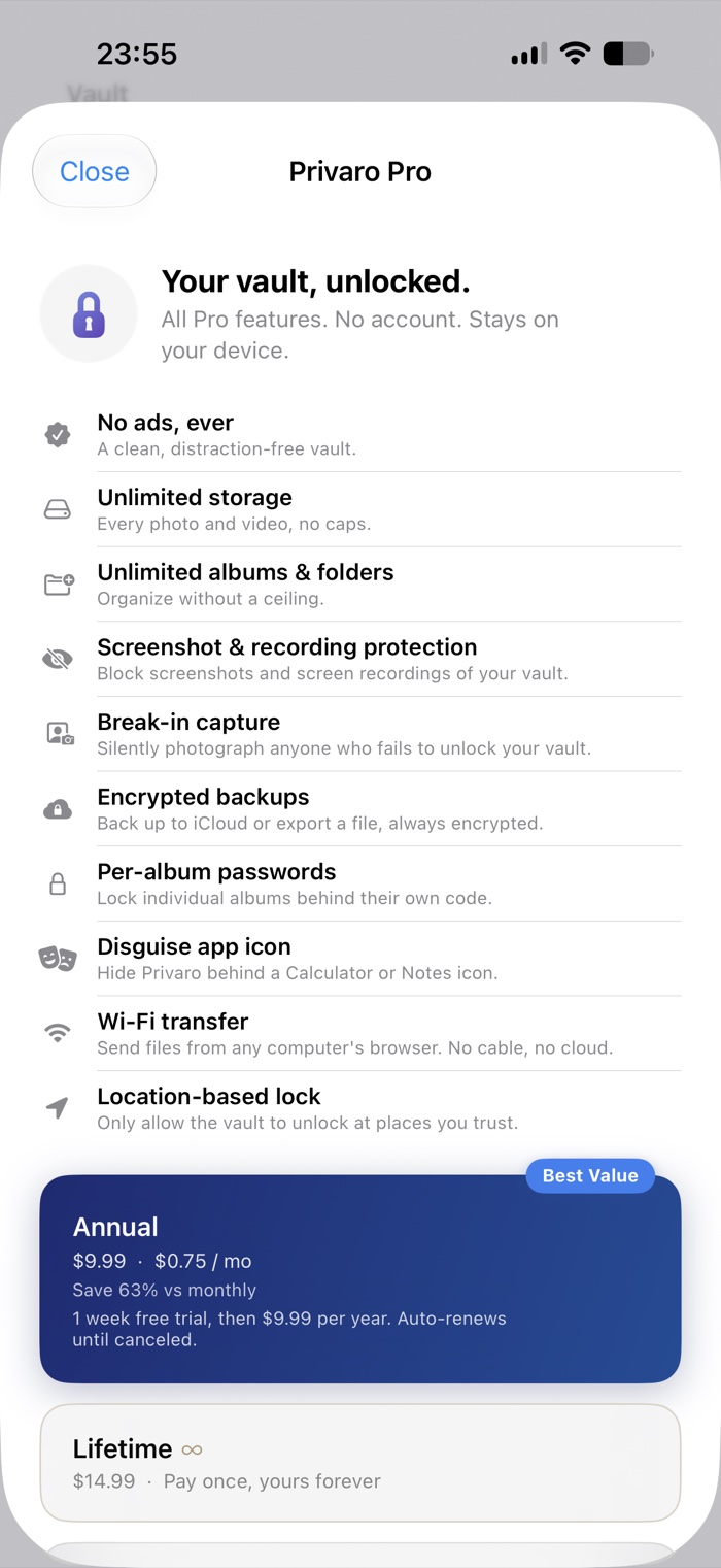 Privaro Pro, listing the upgrade features and pricing