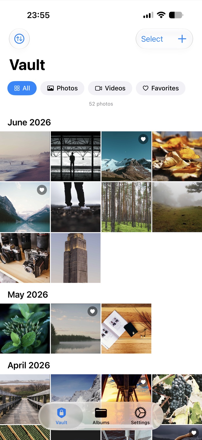 The Privaro vault, showing photos in a grid by month